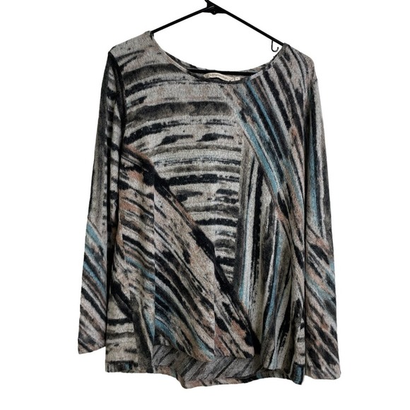 Soft Surroundings Large Womens Daybreak Top Long Sleeve Stripe Knit Gray Pink - Picture 1 of 9